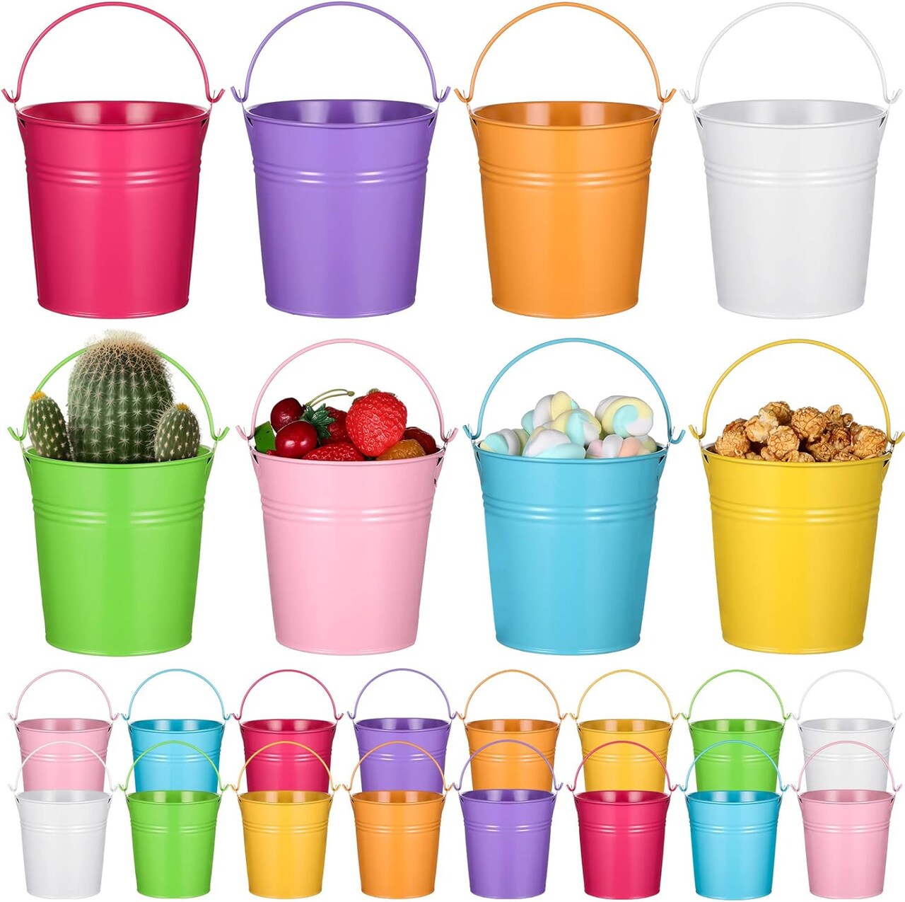 24 Pieces Small Metal Buckets Colored (Purple, Orange, Rose Pink, Green, Pink, Blue, White, Yellow) 4.13"L x 4.13"W x 3.15"H
